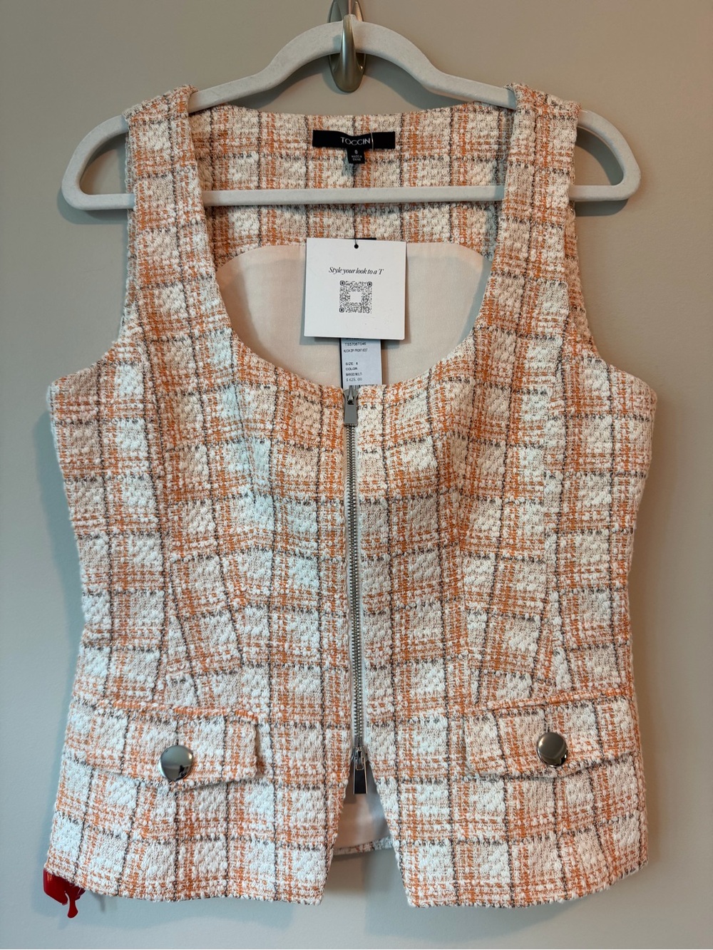 Toccin โAliciaโ Zip-Front Tweed Vest Mango Multi Sz 8 NWT